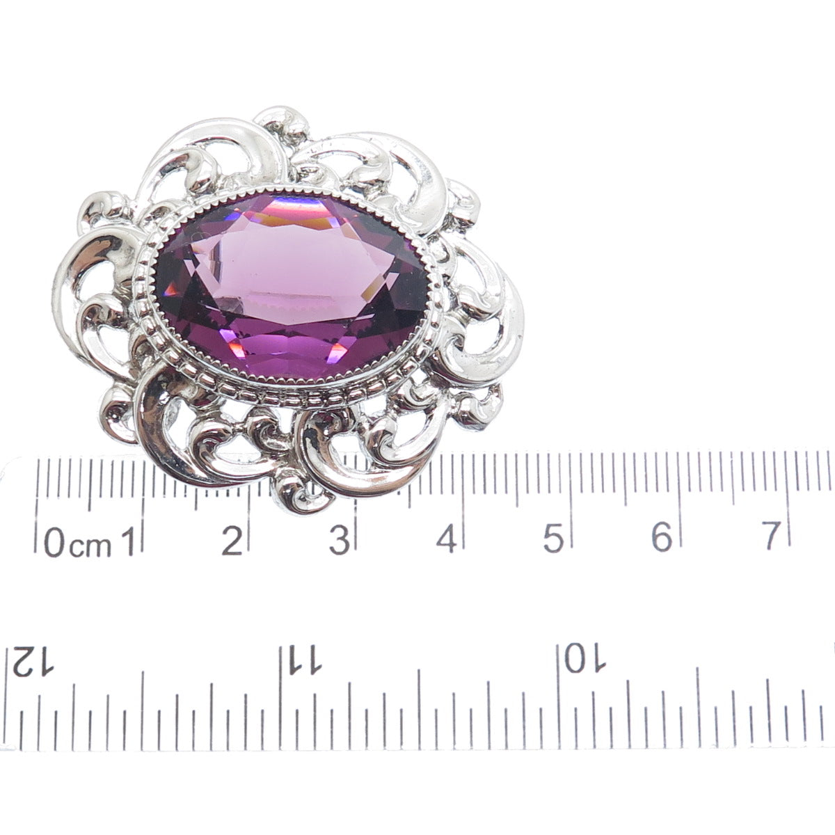 DANECRAFT 925 Sterling Silver Antique Real Amethyst Flower Pin Brooch / Pendant