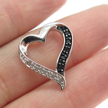 925 Sterling Silver Real Round-Cut Black & White Diamond Heart Slide Pendant