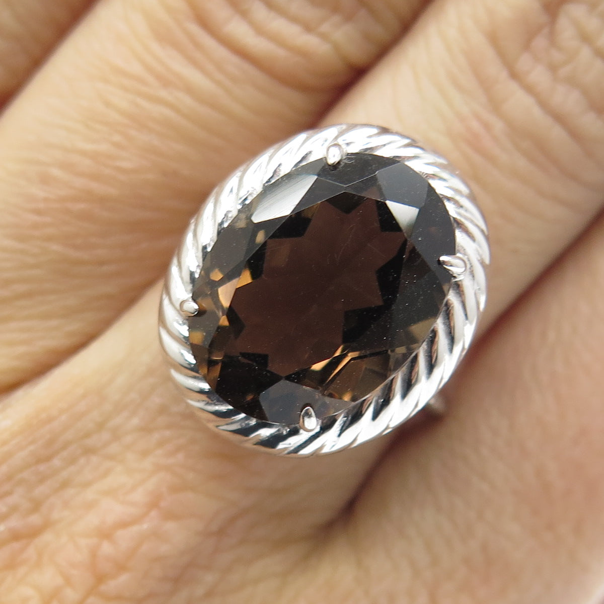 925 Sterling Silver Real Oval-Cut Smoky Quartz Twisted Ring Size 6.5