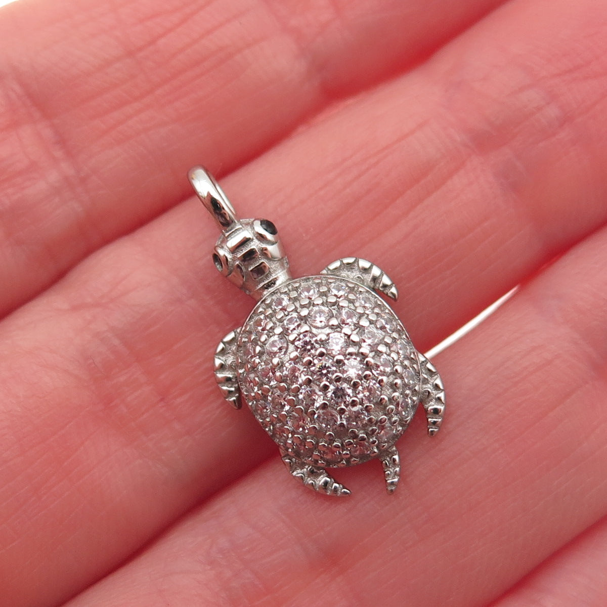925 Sterling Silver Round-Cut C Z Turtle Mini Charm Pendant