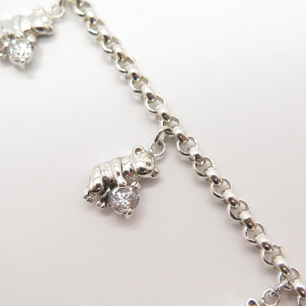 925 Sterling Silver Round-Cut C Z Bear Rolo Link Bracelet 7"