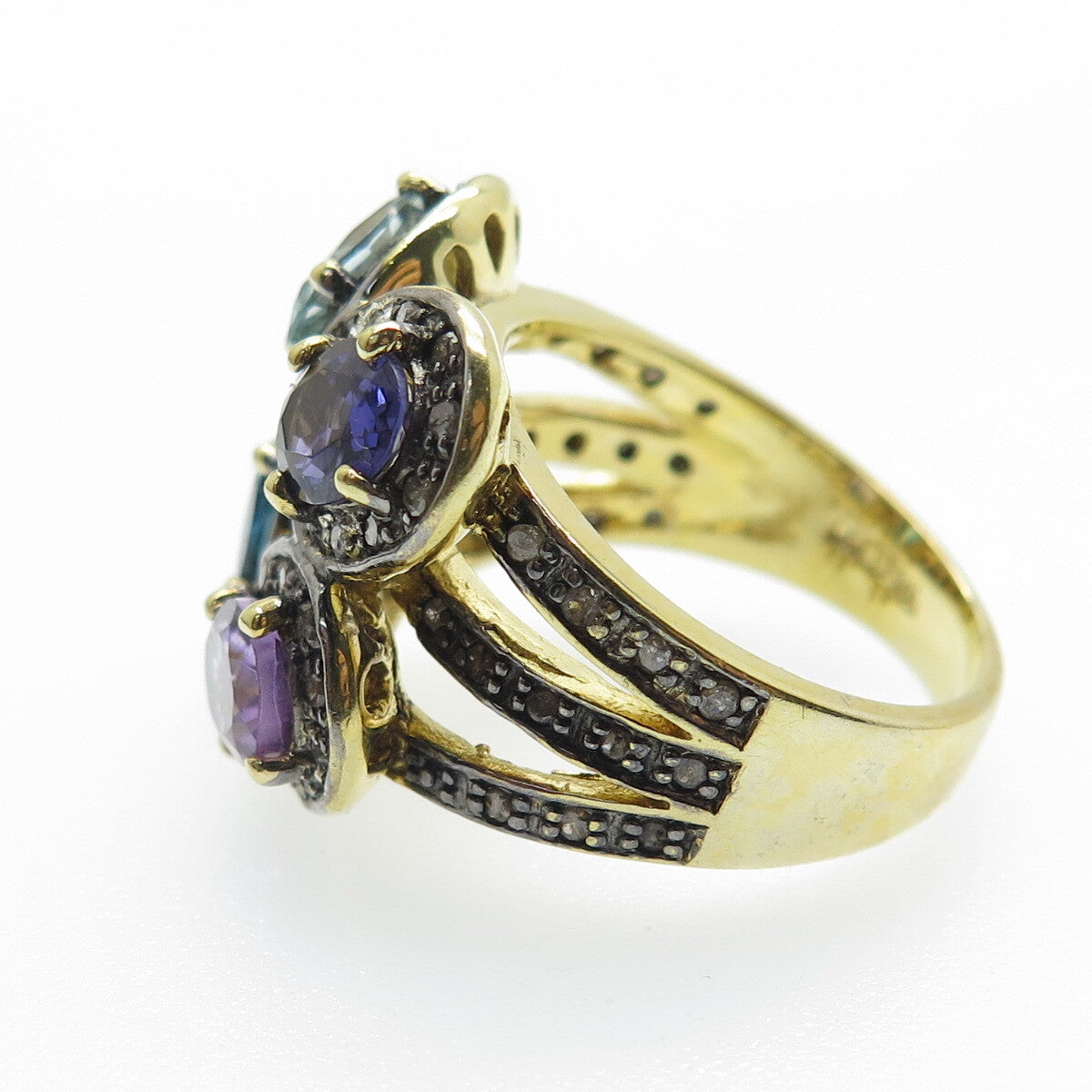 925 Sterling Silver Gold Plated Diamond Amethyst Swiss Blue Topaz Ring Size 7.5