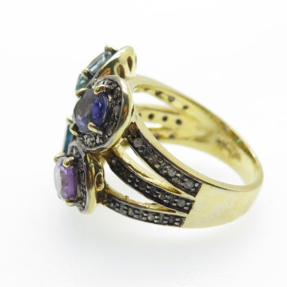 925 Sterling Silver Gold Plated Diamond Amethyst Swiss Blue Topaz Ring Size 7.5