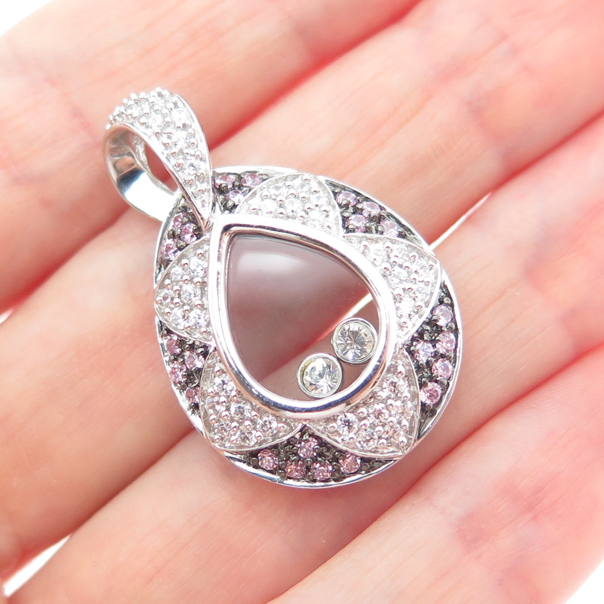 MEDA 925 Sterling Silver Round-Cut Pink & White C Z Teardrop Charm Pendant