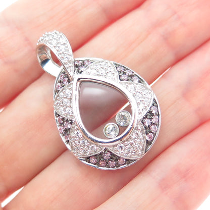 MEDA 925 Sterling Silver Round-Cut Pink & White C Z Teardrop Charm Pendant