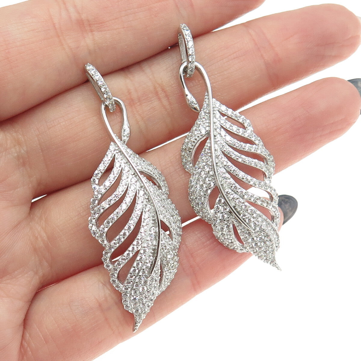 925 Sterling Silver Round-Cut C Z Feather Dangling Earrings