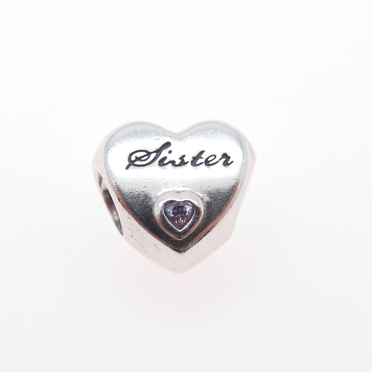 PANDORA 925 Sterling Silver Purple C Z Sister Heart Slide Bead Charm