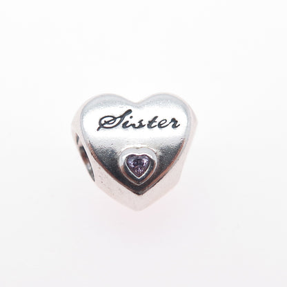 PANDORA 925 Sterling Silver Purple C Z Sister Heart Slide Bead Charm