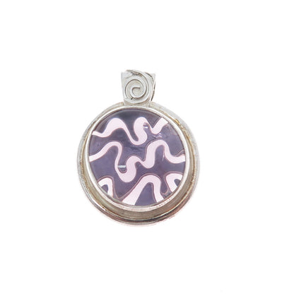 925 Sterling Silver Vintage Purple Glass Modernist Charm Pendant