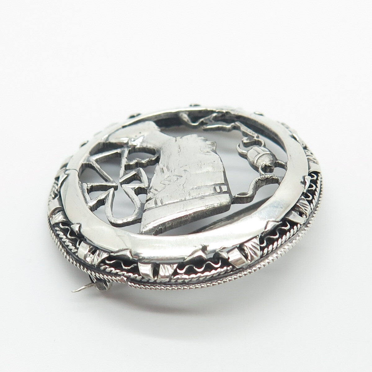 925 Sterling Silver Vintage Egypt Nefertiti Ankh Cross & Scarab Pin Brooch