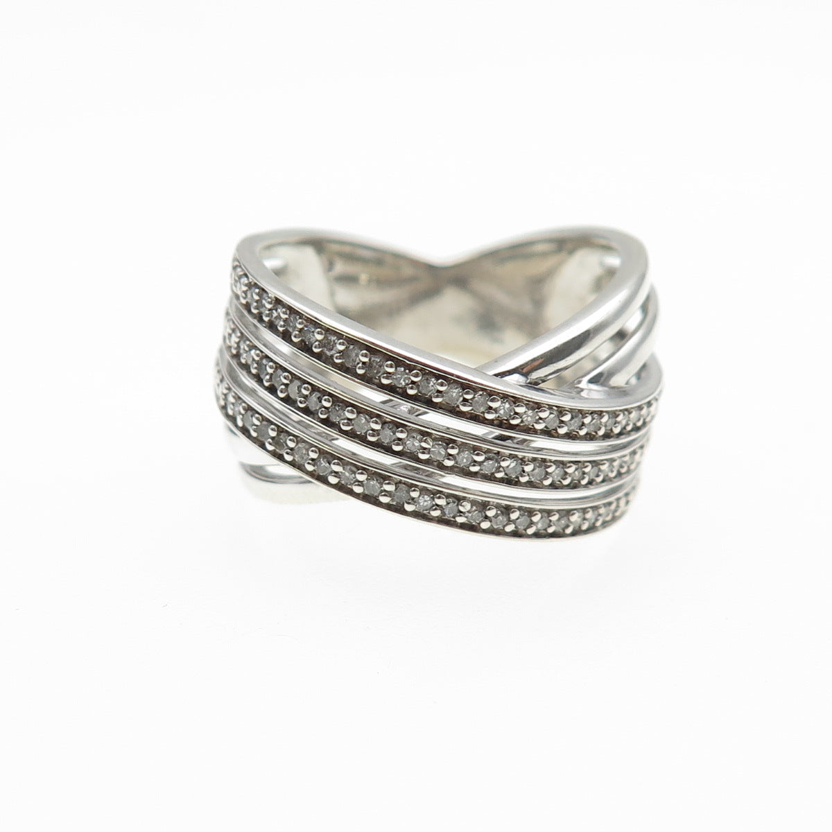 SUN 925 Sterling Silver Real Round-Cut Diamond Crisscross Ring Size 7