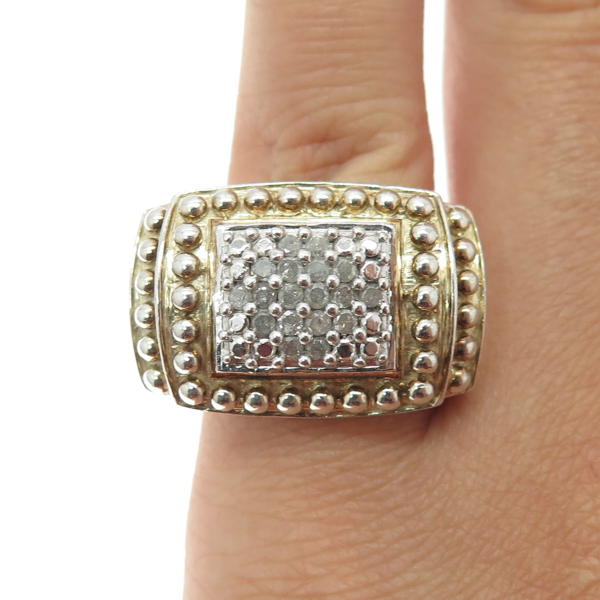 J. STELLA Sterling Silver 2-Tone Real Round-Cut Diamond Beaded Ring Size 6.75