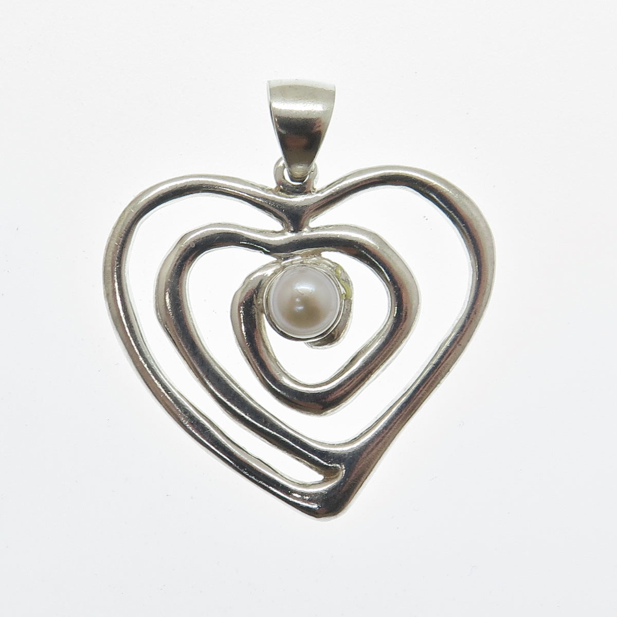 925 Sterling Silver Vintage Real Pearl Spiral Heart Pendant