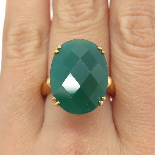 925 Sterling Silver Gold Plated Real Green Onyx Gemstone & C Z Ring Size 8