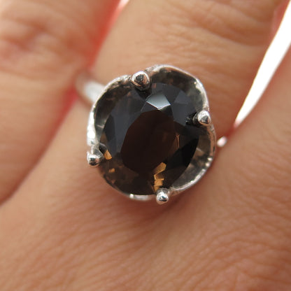 925 Sterling Silver Vintage Mexico Real Smoky Quartz Modernist Ring Size 6.25