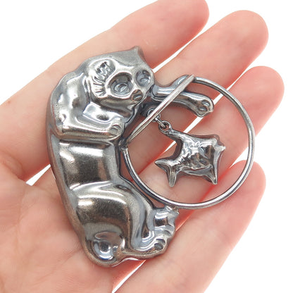 925 Sterling Silver Vintage CII Mexico Cat & Mouse Oxidized Pin Brooch