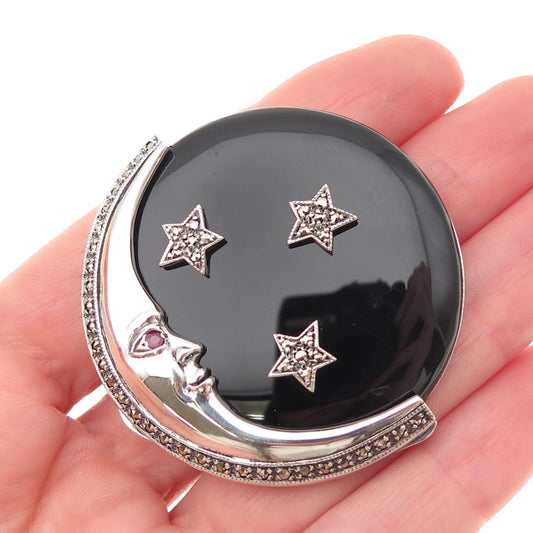 925 Sterling Silver Vintage Real Ruby Marcasite & Black Onyx Crescent Pin Brooch