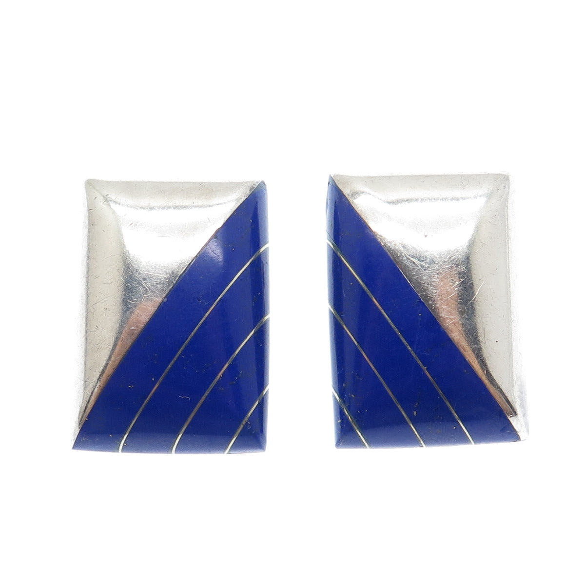 925 Sterling Silver Vintage Mexico Real Lapis Lazuli Modernist Clip On Earrings