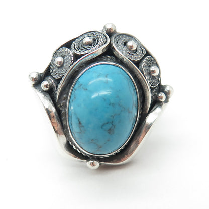 925 Sterling Silver Vintage Bisbee Turquoise Filigree Oxidized Ring Size 8.75