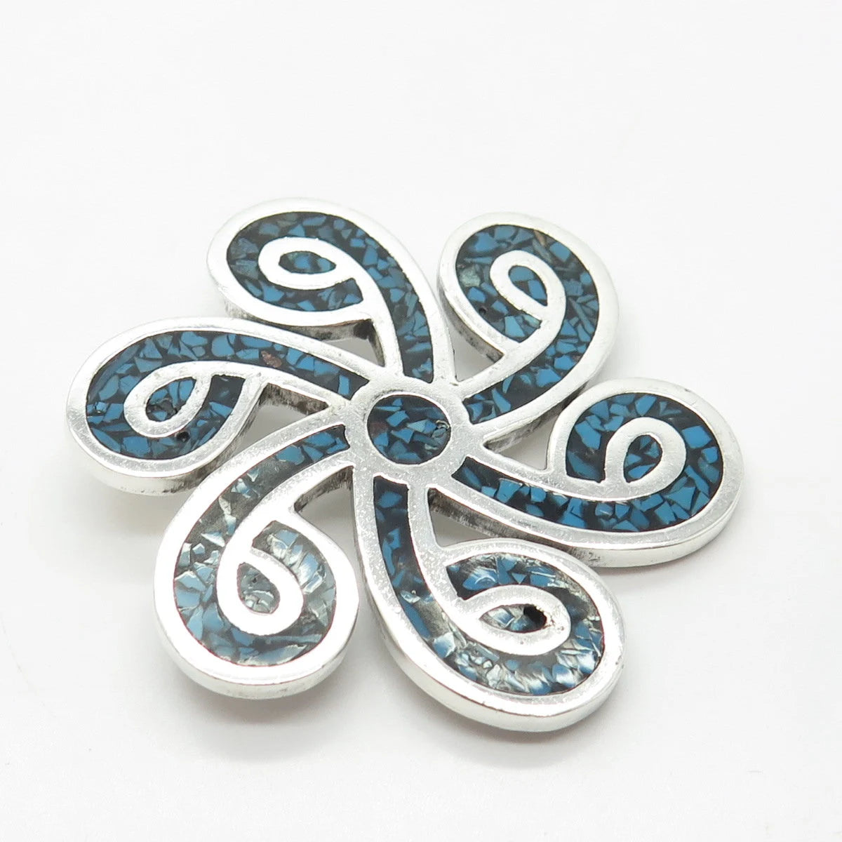 925 Sterling Silver Vintage Mexico Real Turquoise Gem Inlay Pin Brooch