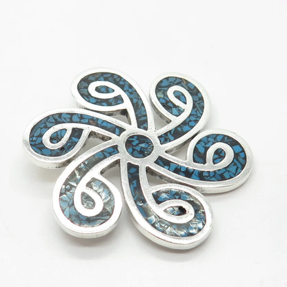 925 Sterling Silver Vintage Mexico Real Turquoise Gem Inlay Pin Brooch