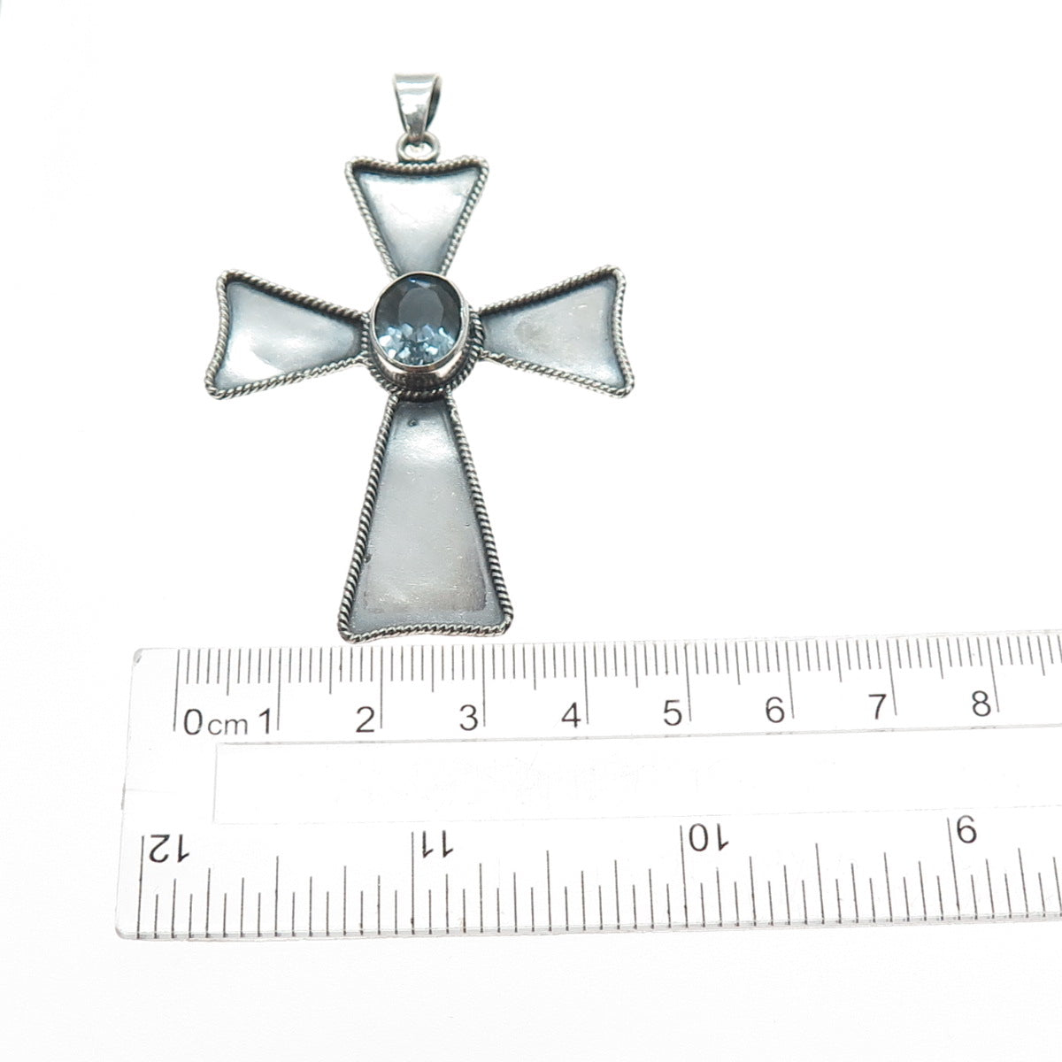 925 Sterling Silver Vintage Real Oval-Cut Blue Topaz Cross Oxidized Pendant