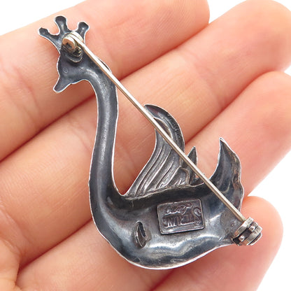 LANG 925 Sterling Silver Vintage Crown Swan Bird Oxidized Pin Brooch