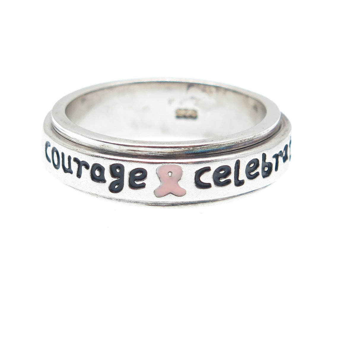 925 Sterling Vintage Enamel Celebrate Courage Cancer Ribbon Spin Ring Size 9.25