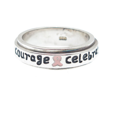 925 Sterling Vintage Enamel Celebrate Courage Cancer Ribbon Spin Ring Size 9.25