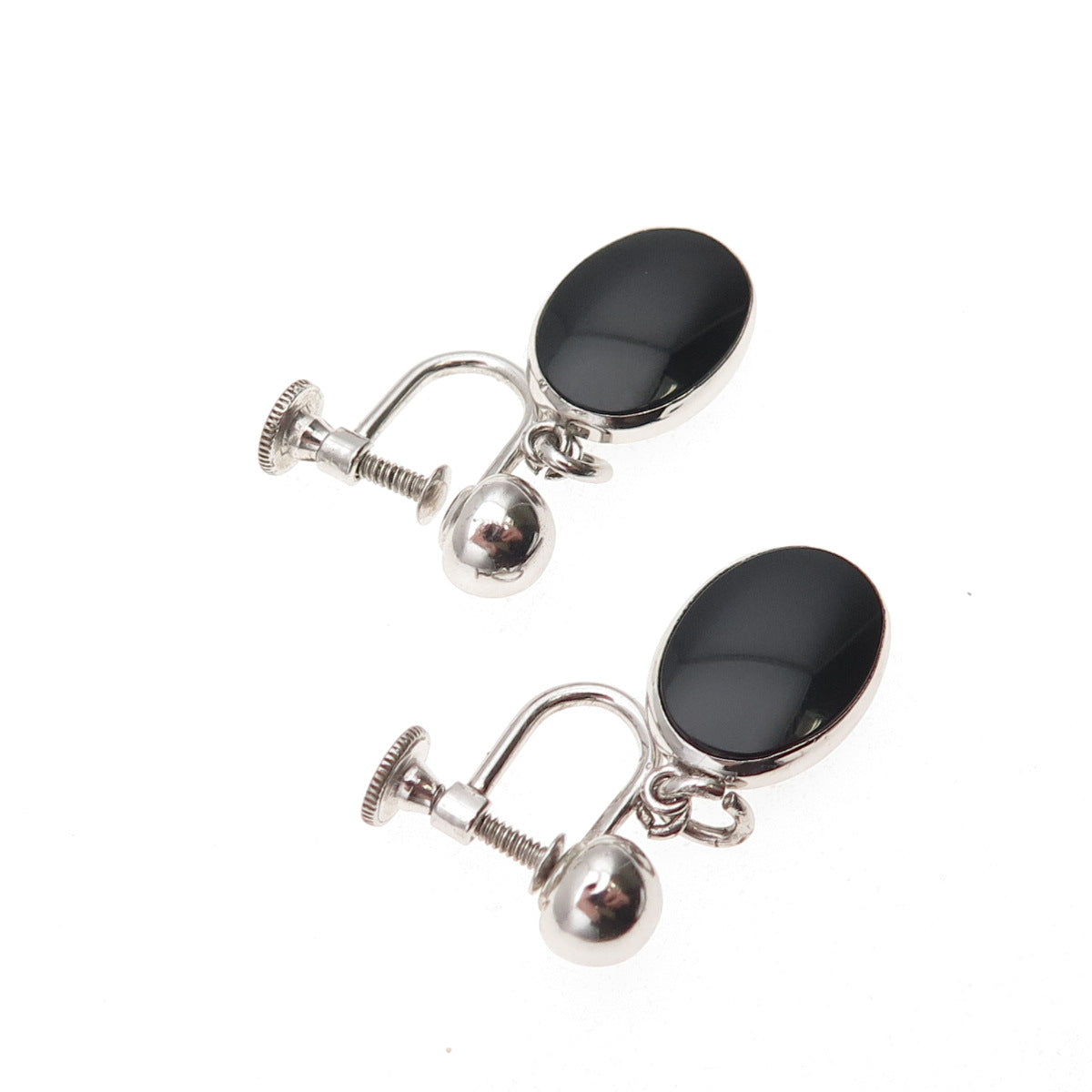 Simmons 925 Sterling Antique Art Deco Real Black Onyx Screw Back Dangle Earrings