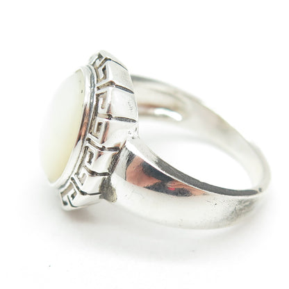 925 Sterling Silver Vintage Real Mother-of-Pearl Greek Maze Ring Size 9.25