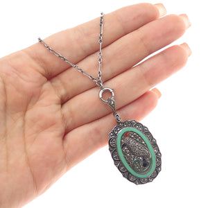 Hallwatch Sterling Antique Enamel Marcasite Swiss 15 Jewels Watch Necklace 24"