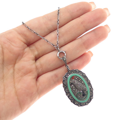 Hallwatch Sterling Antique Enamel Marcasite Swiss 15 Jewels Watch Necklace 24"