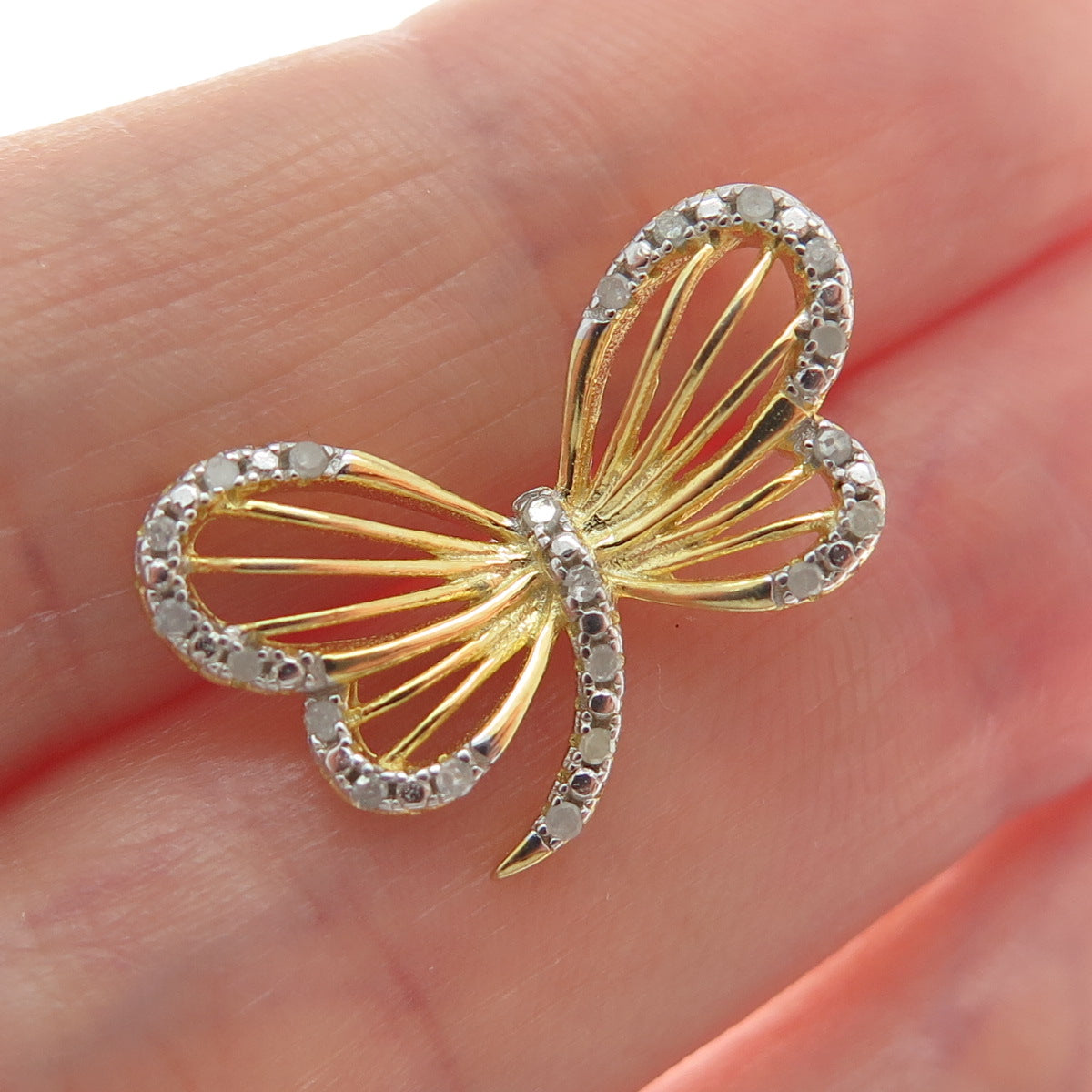HAN Sterling Silver Gold Plated Real Round-Cut Diamond Butterfly Mini Pendant