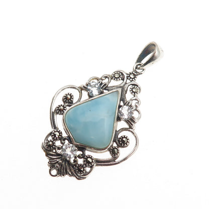 925 Sterling Silver Real Larimar Light Blue Topaz & Marcasite Floral Pendant