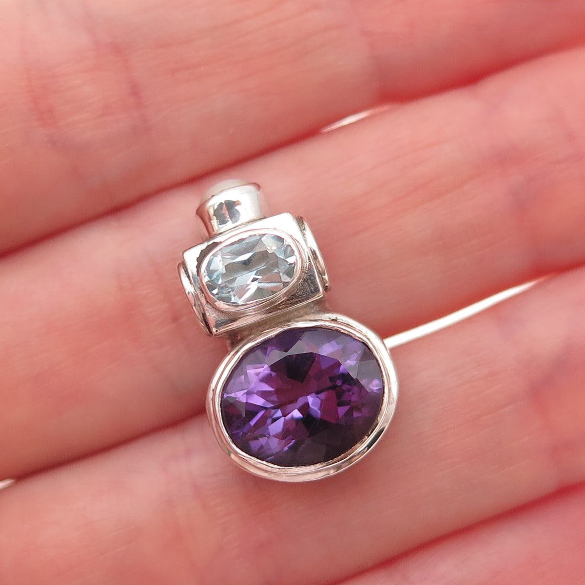 925 Sterling Vintage Real Amethyst Blue Topaz & Pearl Modernist Slide Pendant