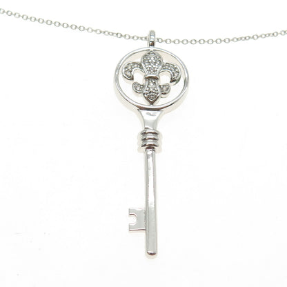 925 Sterling Silver C Z Fleur-de-Lis Key Pendant Rolo Chain Necklace 16-18"