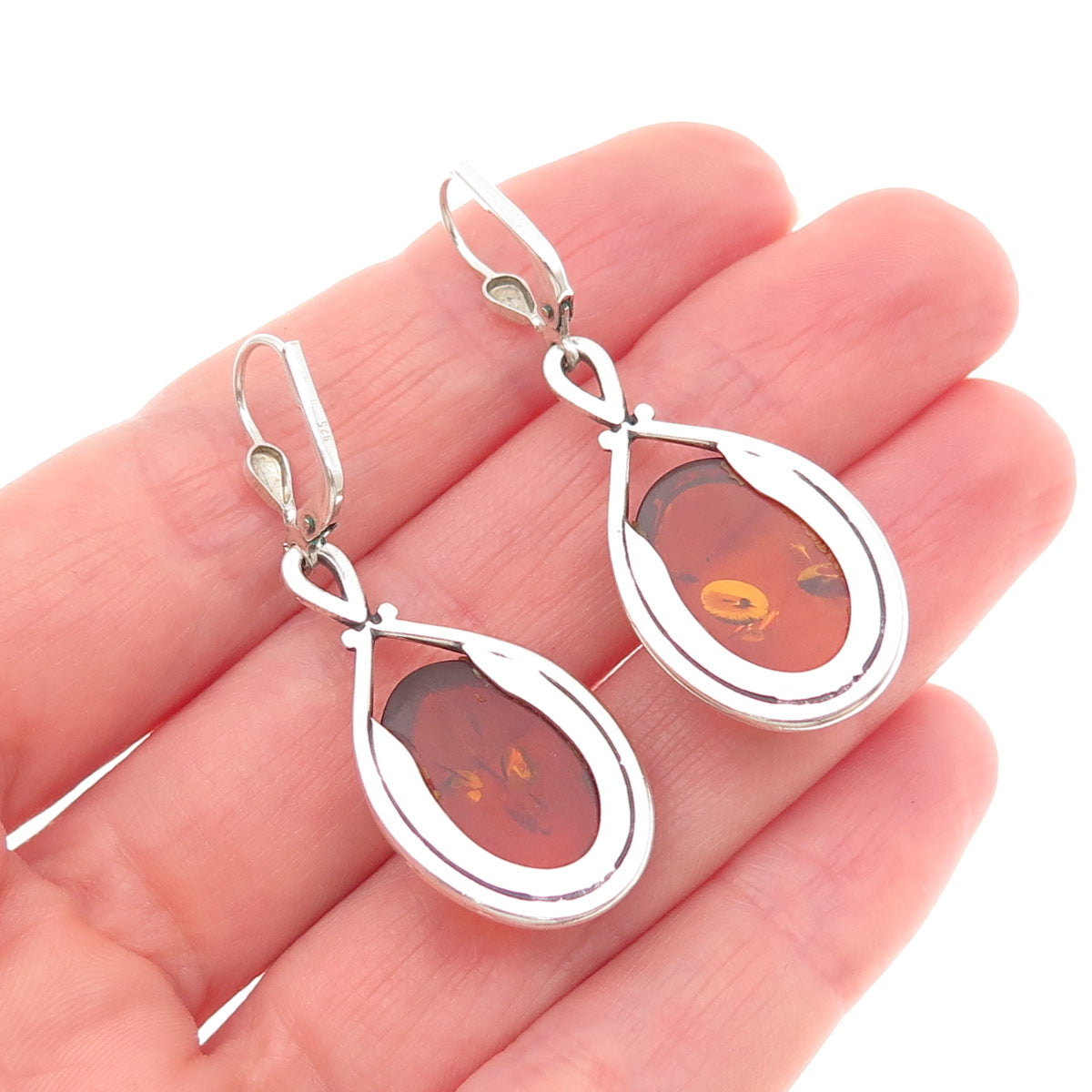 925 Sterling Silver Vintage Real Amber Modernist Dangle Earrings
