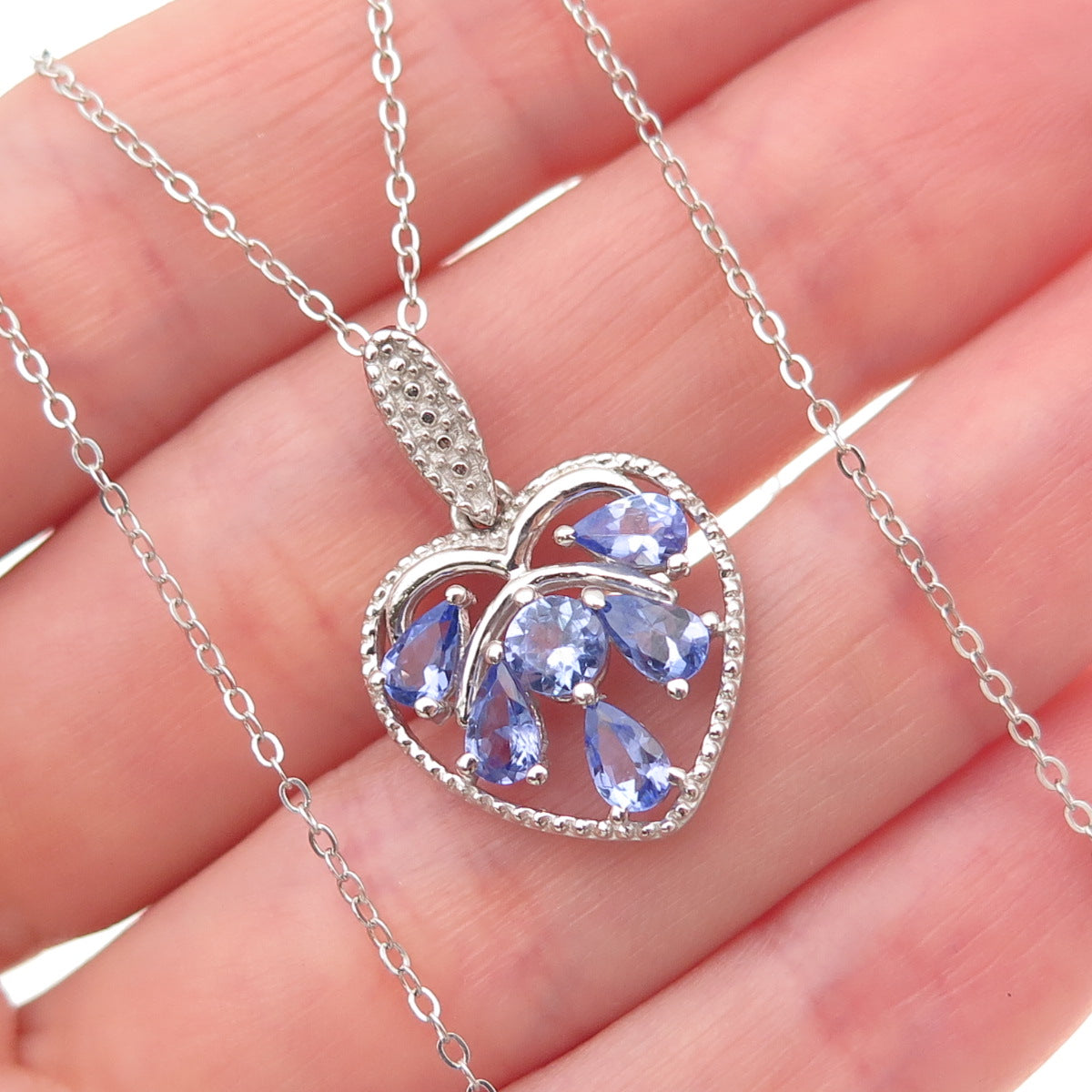 Chuck Clemency 925 Sterling Silver Real Tanzanite White Topaz Heart Necklace 20"