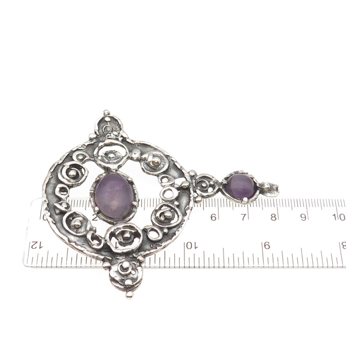 925 Sterling Silver Vintage Israel Real Amethyst Modernist Pin Brooch / Pendant