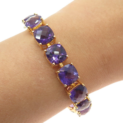 925 Sterling Silver Gold Plated Real Cushion-Cut Amethyst Bracelet 8"