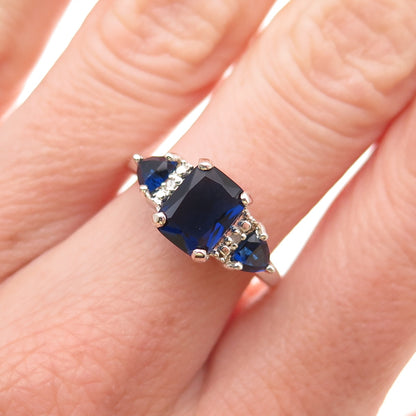 925 Sterling Silver Real Round-Cut Diamond & Blue C Z Ring Size 6.75