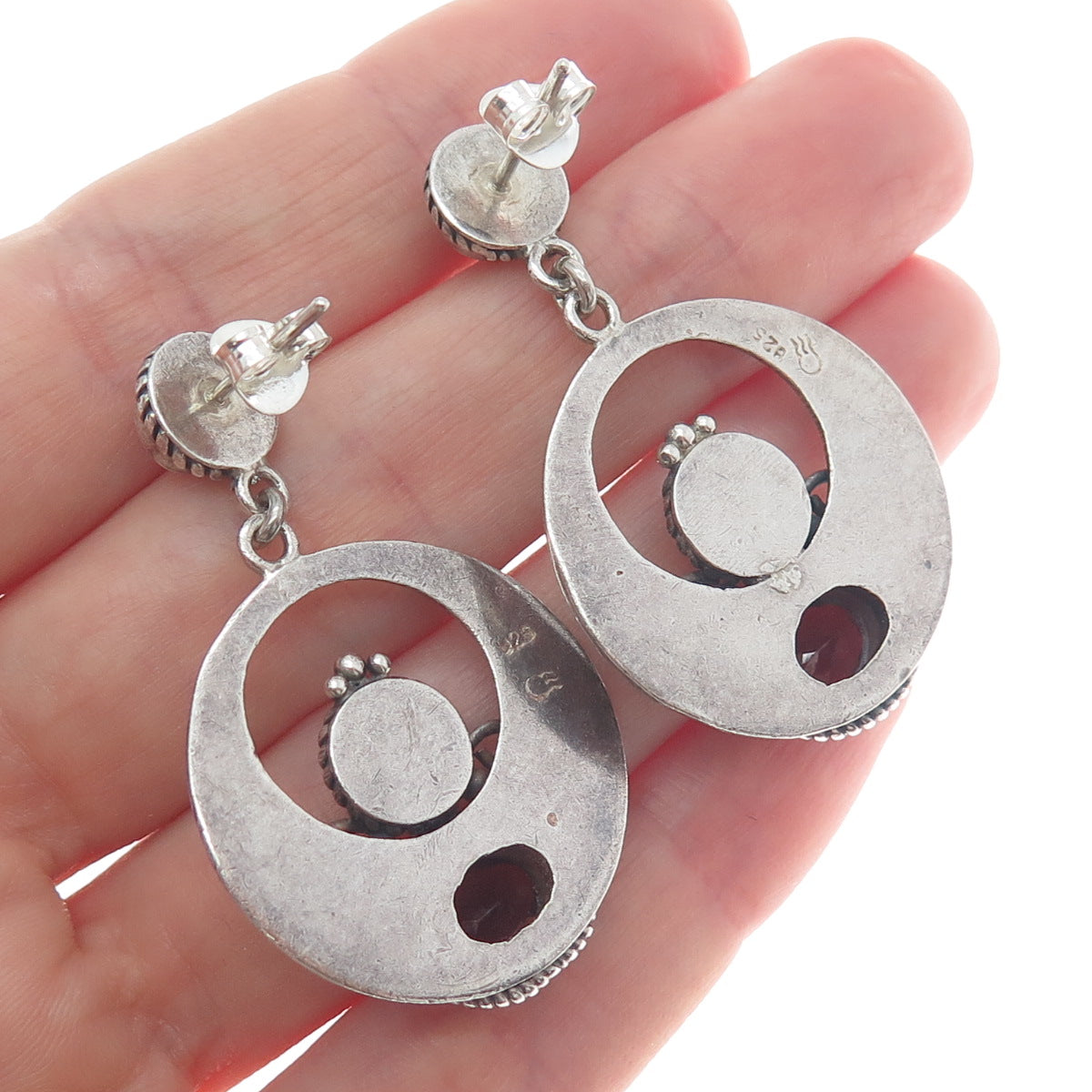 925 Sterling Silver Vintage Real Pearl & Red Garnet Crescent Dangle Earrings