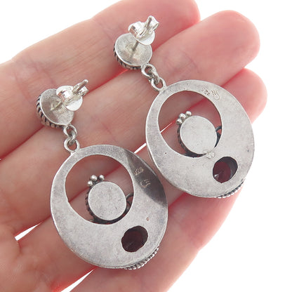925 Sterling Silver Vintage Real Pearl & Red Garnet Crescent Dangle Earrings