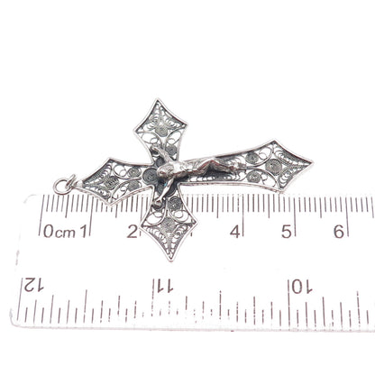 800 Silver Vintage Italy Crucifix Cross Filigree Oxidized Pendant