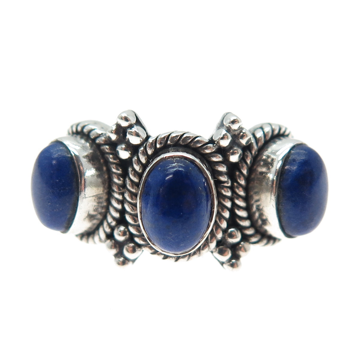 DOUG PAULUS Sterling Silver Vintage Real Lapis Beaded Oxidized Ring Size 6.25