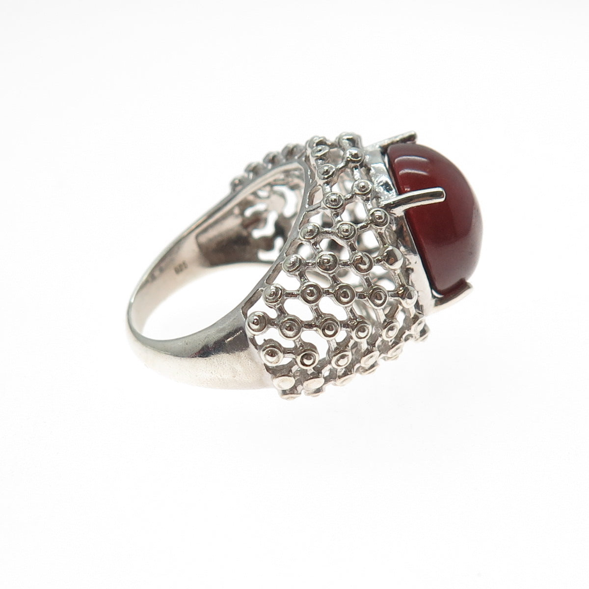 925 Sterling Silver Vintage Real Carnelian Modernist Beaded Mesh Ring Size 9.25