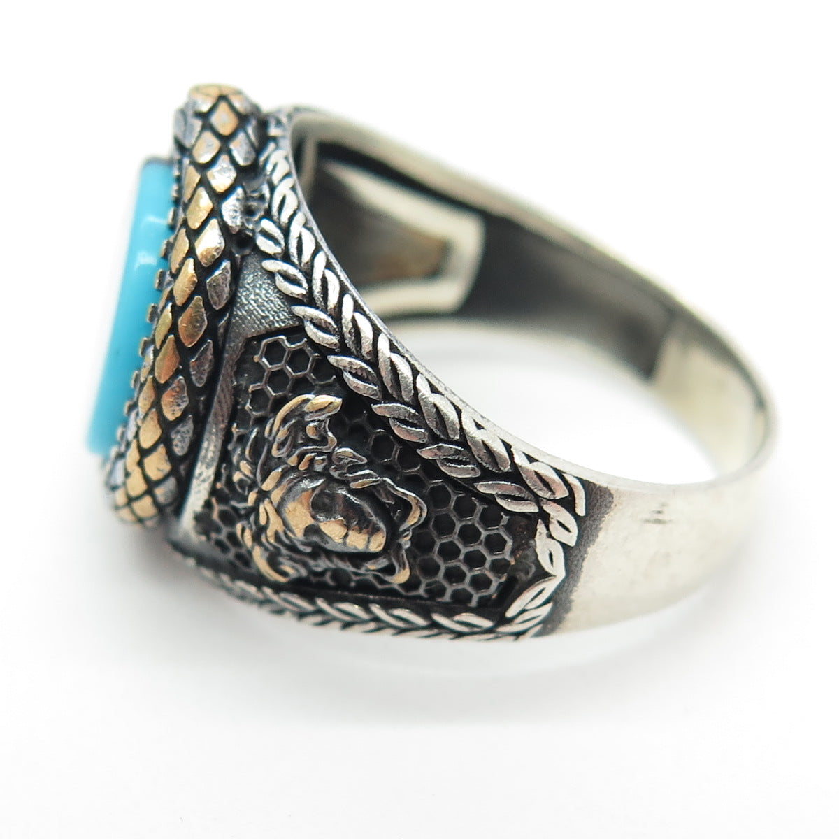 925 Sterling Silver 2-Tone Vintage Synthetic Turquoise Snake Ring Size 11.75
