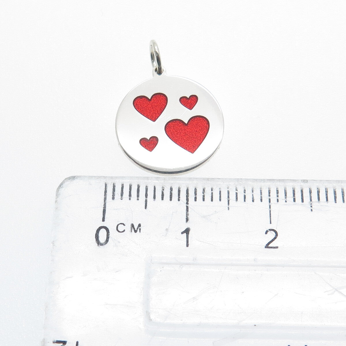 925 Sterling Silver Red Enamel Family Hearts Round Tag Minimalist Charm Pendant