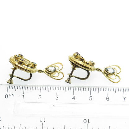 925 Sterling Silver Gold Plated Vintage Rhinestone Heart Screw Back Earrings